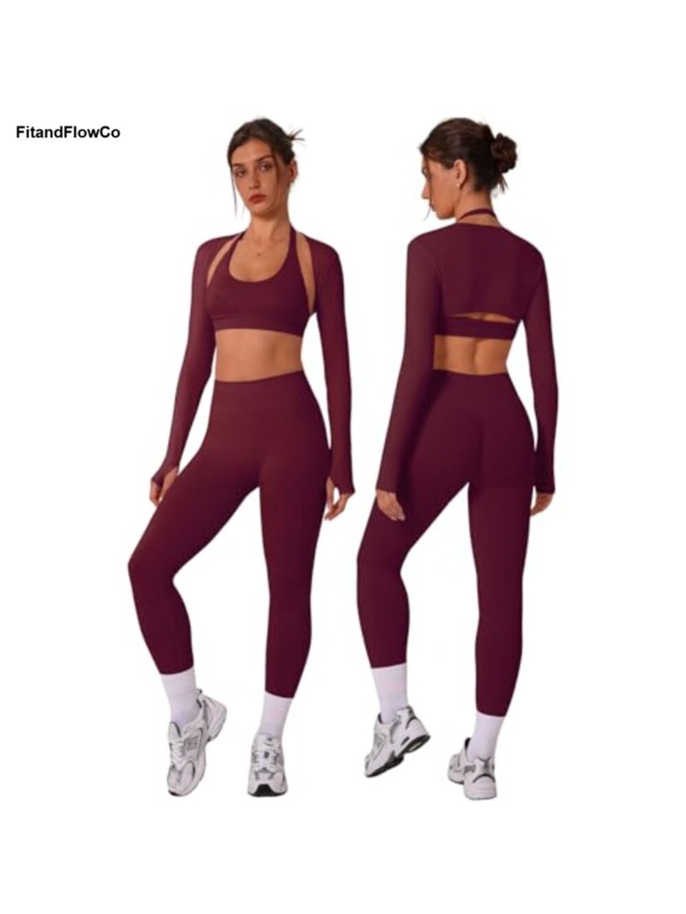 3 Piece Seamless Workout Set Halter Sports Bra Leggings Shrug Gym Yoga